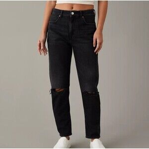 American Eagle Strigid Mom Jean 6 Short Black Ripped Destroyed Knees Relaxed